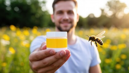 A hand holding a jar of honey while bees fly nearby, evoking themes of natural care, insect interaction, and the context of soothing skin after bee stings or swelling.