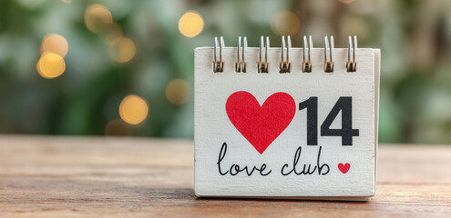 Desk calendar showing February 14 with a red heart and love club text on a rustic wooden table, celebrating Valentine's Day with romantic decor and festive bokeh background