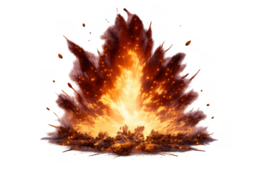 Bright orange explosion blast creating smoke clouds, flying sparks, and fire particles on a transparent background