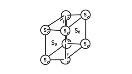 A line drawing of the cubic crystalline structure of sulfur (S8) molecules, showing atomic arrangement