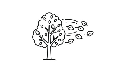A line art illustration of a tree with leaves being blown away by the wind, symbolizing autumn or change