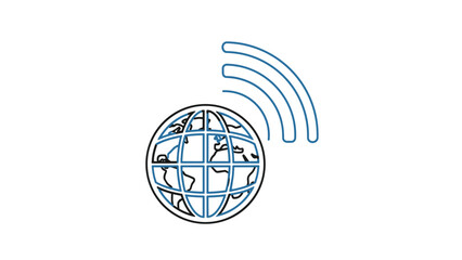 A stylized globe with blue outline and radiating waves, symbolizing global internet connection or wireless network