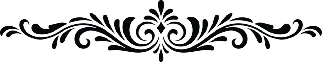 An elegant black symmetrical scrollwork ornament with flowing curves and leafy flourishes on a simple white background
