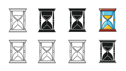 A collection of hourglass icons in various styles, including line art and filled versions, representing time