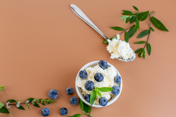Close-up of cottage cheese with blue berries and a sprig of mint