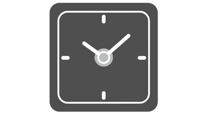 A dark grey square icon with a clock face and hands, representing time, schedule, or a timepiece