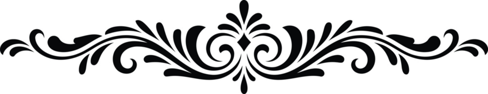 An elegant black symmetrical scrollwork ornament with flowing curves and leafy flourishes on a simple white background