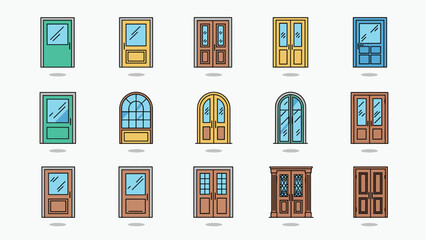 A collection of colorful door illustrations in various styles and colors, representing entryways and architectural elements