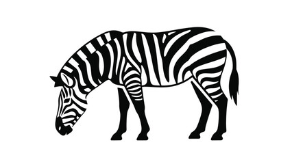 A black and white silhouette of a zebra grazing, showcasing its distinctive stripes and form