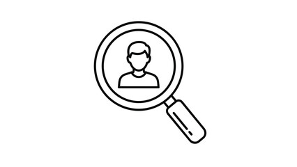 A black and white icon of a magnifying glass held over a person's silhouette, indicating search, user identification, or profile viewing