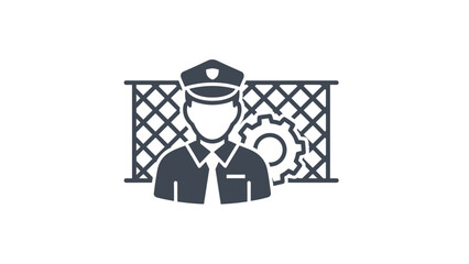 A stylized icon of a security guard standing in front of a fence and a gear, representing security or industrial safety