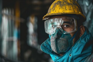 Industrial worker wearing safety glasses, respirator, and hardhat in a manufacturing plant, ensuring workplace safety