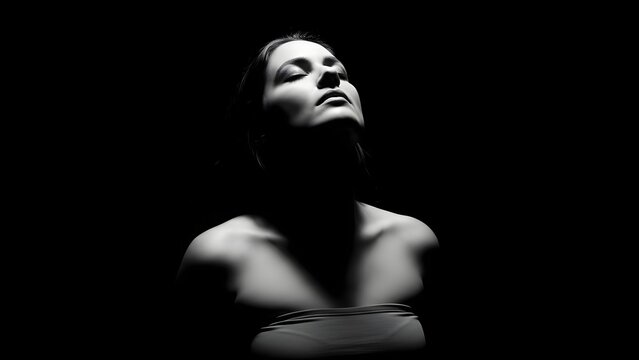 A woman in dramatic black and white portrait with mysterious expression - Powered by Adobe