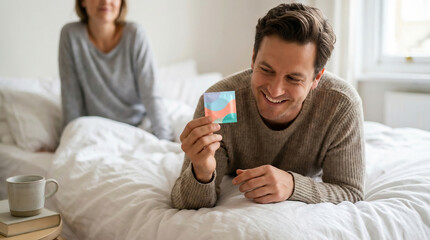 Smiling man holding a condom package on a bed at home, with a woman in the background, representing safe sex, contraception, intimacy and responsible sexual health.