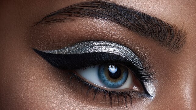 Metallic Silver Cut Crease with Bold Graphic Liner and Lash Extensions, Dramatic Studio Lighting on Model's Eye.