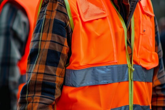 Close up of a construction worker wearing a high visibility orange safety vest, ensuring safety on the job site