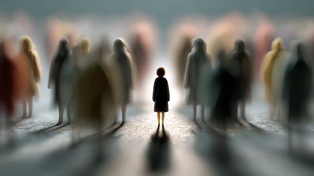 Child feeling isolated in crowded street psychology concept with blurred people and emotional mood soft lighting