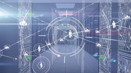 Animation of network of connections over server room - Powered by Adobe