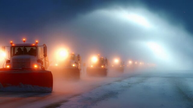 A fleet of powerful snow plows work together in a blizzard, cutting through heavy snow and fog to keep the roads clear and safe during winter weather conditions.