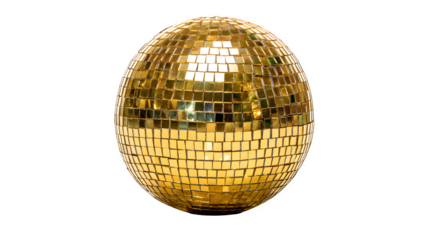A shiny golden disco ball isolated on a dark background creates a glittering sphere of light and reflection for a party or nightclub celebration