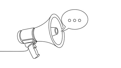 Megaphone with speech bubble in minimalist line art style on white background for advertising announcement