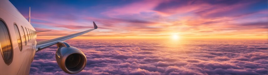 Fototapeta premium Aerial view of airplane wing during sunset over clouds captivating travel experience serene sky environment
