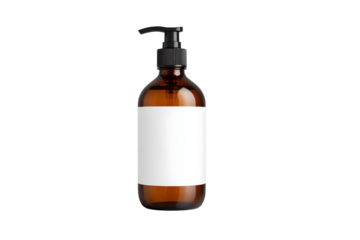 Amber pump bottle with blank label mockup for soap and lotion branding