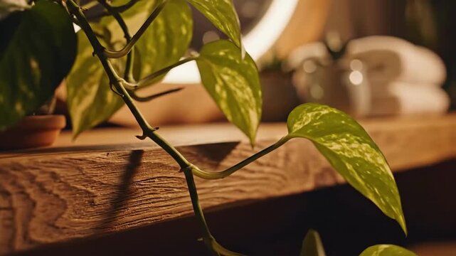 Golden Pothos Vines On Rustic Wood Shelf Near Minimalist Bathroom Decoration Video