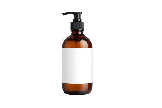 Amber pump bottle with blank label mockup for soap and lotion branding