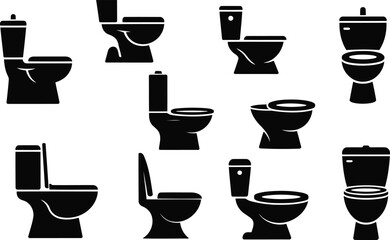 Collection of black toilet icons showing different perspectives and designs on a white background