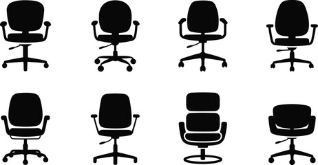Collection of eight modern ergonomic black office chairs for comfortable seating solutions in professional workspaces