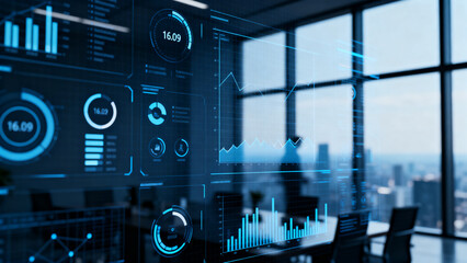 Digital Interface Overlay on Blurred Office Background, Technology Concept