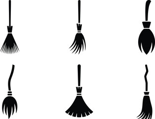 Collection of varied black witch broom icons for spooky season decorations and holiday graphics
