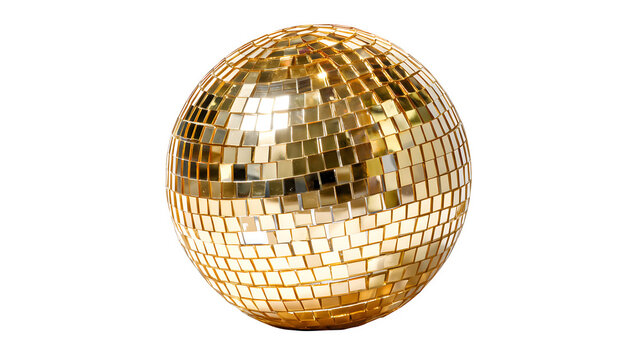 A shiny golden disco ball isolated on a white background creates a bright reflection of light, serving as a glittery mirrorball sphere for party decorations and nightlife club dance celebrations