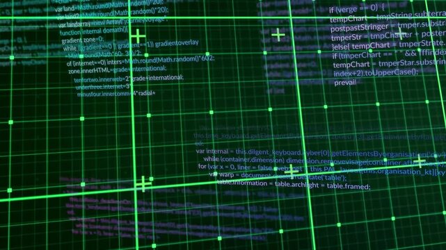 Animation of grid pattern and plus signs over computer language against green background