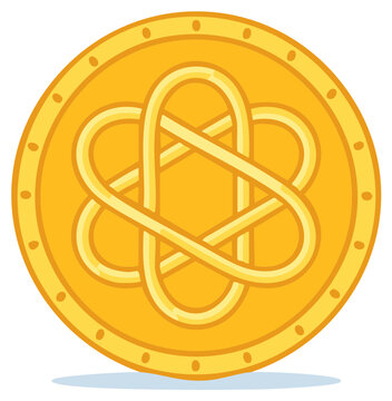 Cartoon gold coin illustration with an abstract interlocking symbol. Fantasy treasure or game money icon.