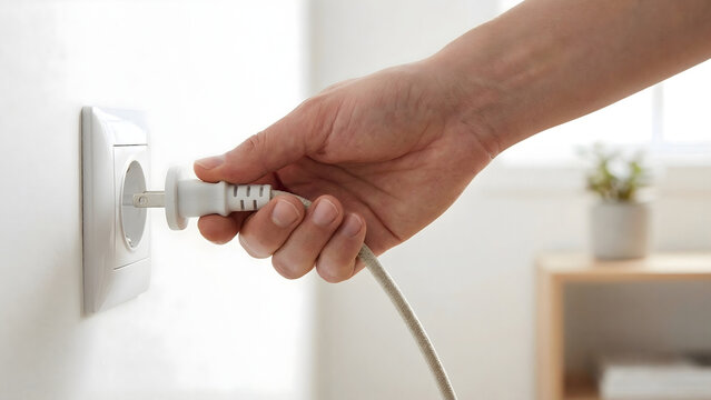 Energy Saving Concept: Person Unplugging Electronic Device from Wall Socket to Reduce Electricity Consumption and Save Money