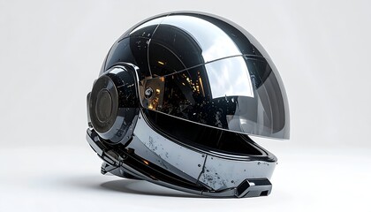 Sleek, glossy, black helmet, visor open, side detail, on white backdrop