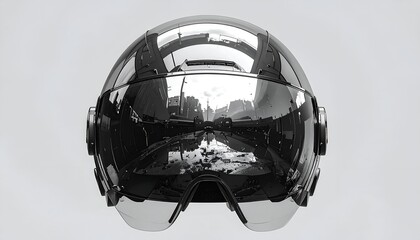 Futuristic helmet reflecting a city scene in grayscale, neutral background