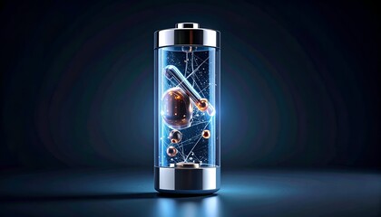 Cylindrical, clear battery housing showing energy structures within