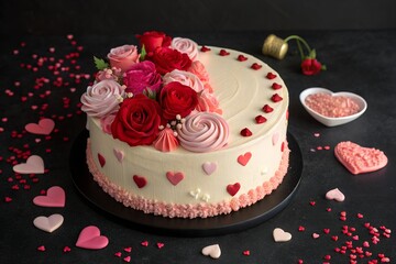 Romantic Rose and Heart Decorated Cake for Valentine's Day