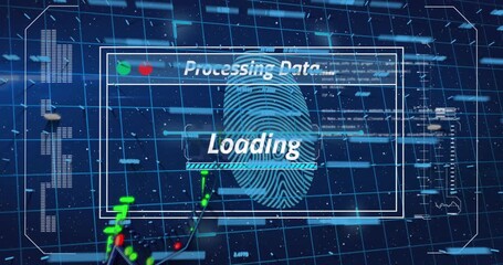 Animation of interface with data processing over biometric fingerprint scanner and security padlock - Powered by Adobe