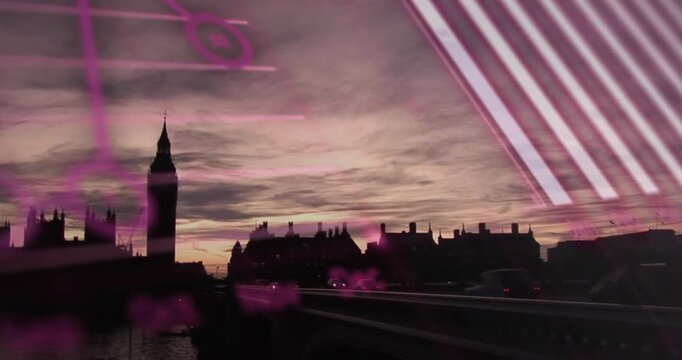 Animation of data processing over london cityscape