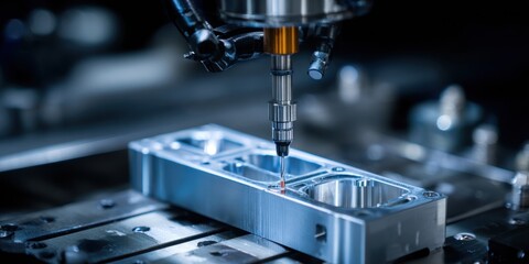 Precision CNC milling machine drilling a metal component in a high-tech industrial factory environment