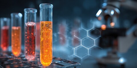 Colorful liquids in test tubes with glowing chemical molecular structures and blurred microscope in science laboratory background