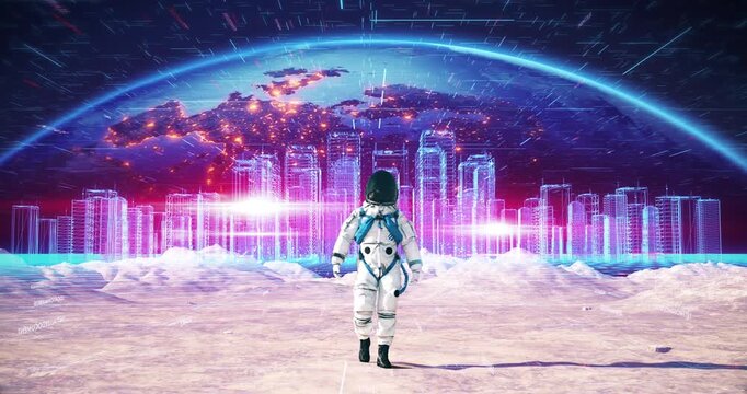 Astronaut walking across futuristic digital environment. New futuristic life on an alien planet concept.
