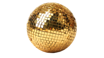 A shiny golden disco ball isolated on a dark background creates a glittering sphere of light and reflection, perfect for a retro dance party, nightclub celebration, or festive Christmas decoration
