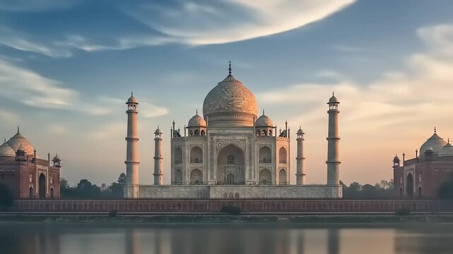 Majestic Taj Mahal Sunrise Reflection on Calm Water with Agra India.