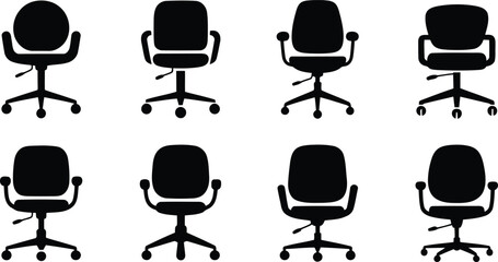 Eight varied black office chairs with swivel bases presented on a clear white plane
