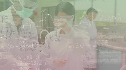 Animation of mathematical equations over diverse male and female scientists working at laboratory - Powered by Adobe